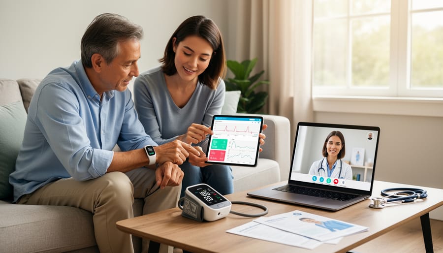 Adult daughter assisting elderly mother with wearable health monitoring device in home setting