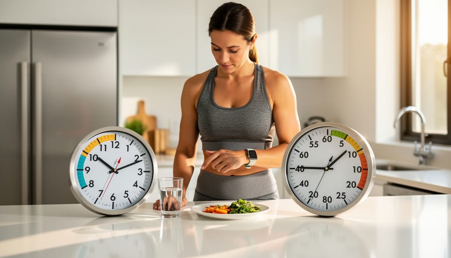 Hands holding wall clock representing fasting time windows in clean minimalist setting