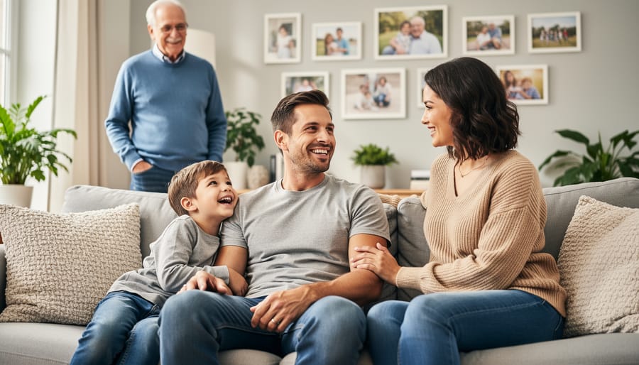 Father and son walking together on forest path holding hands
