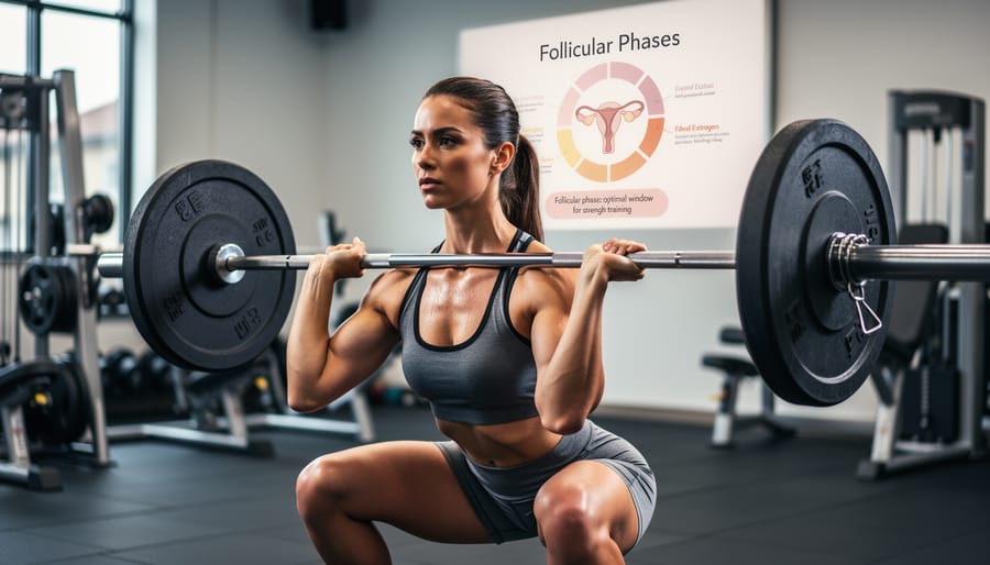 Female athlete performing barbell squat exercise in gym during strength training