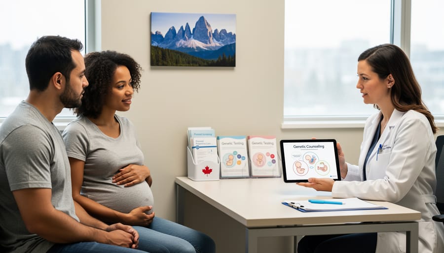 Healthcare provider consulting with expectant parents in medical office