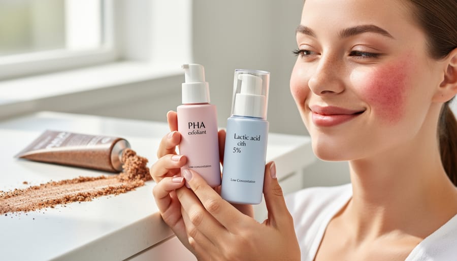 Gentle chemical exfoliant skincare products arranged on white surface