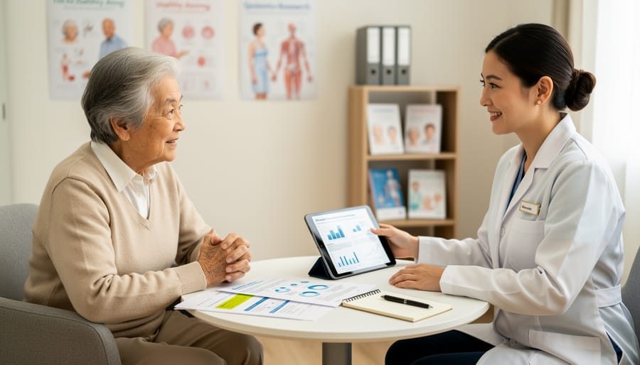 Senior patient and family member having consultation with doctor in medical office