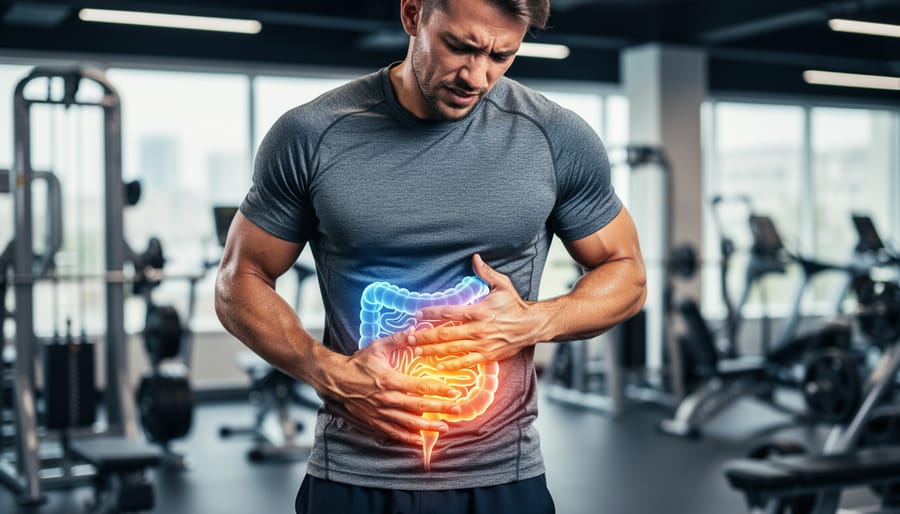 Athletic man in gym holding abdomen showing concern about digestive discomfort
