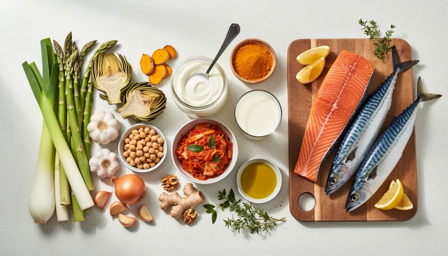 Overhead view of gut-healthy foods including vegetables, salmon, whole grains, and probiotic yogurt