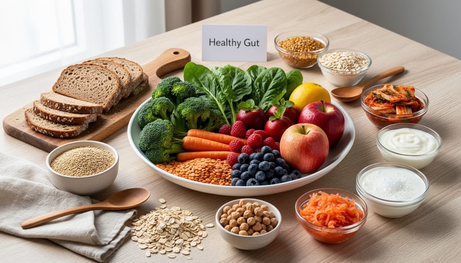 Overhead view of gut-healthy whole foods including vegetables, proteins, and fermented foods arranged on wooden table