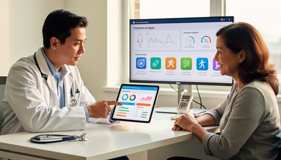 Healthcare provider discussing digital therapeutic software with patient in modern medical office
