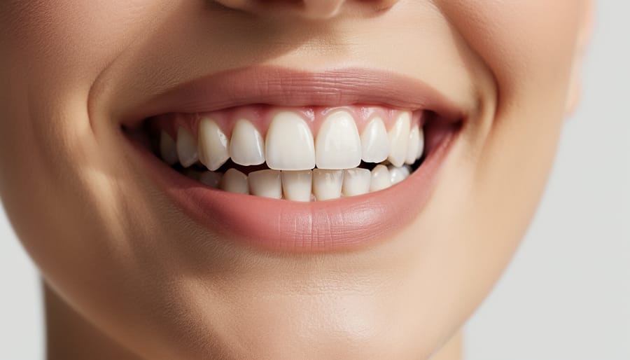 Close-up of healthy pink gums and white teeth showing signs of oral health