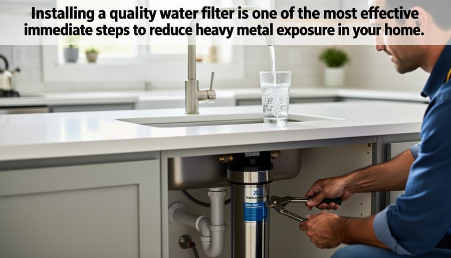 Person filling water pitcher from kitchen faucet with filter attachment