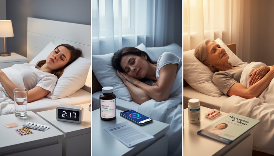 Woman's hand with medication on bedside table at night