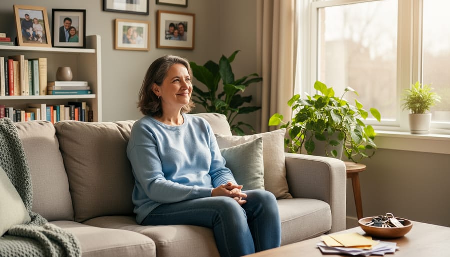 Woman relaxing peacefully by apartment window with morning coffee, expressing calm and security