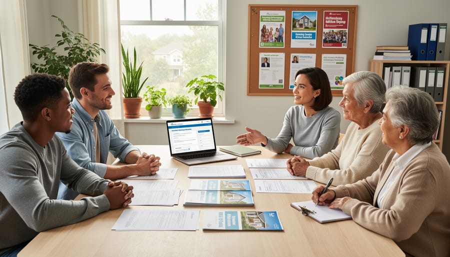 Small group reviewing housing resources and documents together at kitchen table in supportive setting
