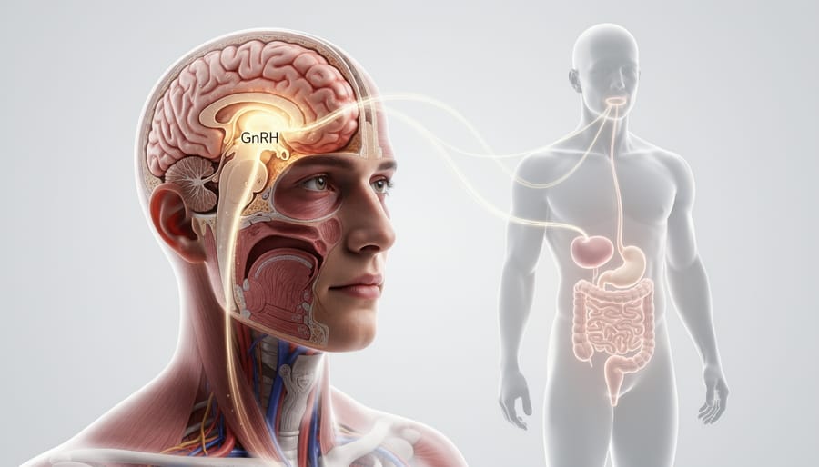 Anatomical brain model highlighting the hypothalamus region where GnRH is produced