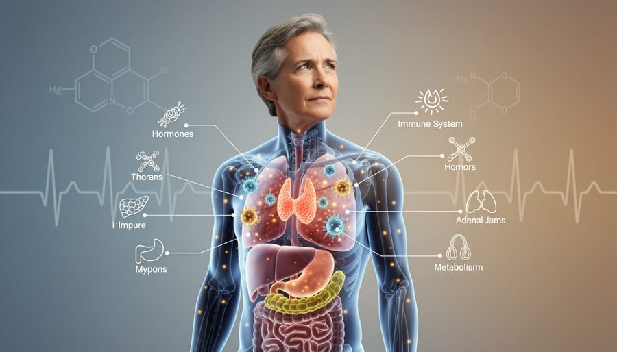 Woman in contemplative wellness pose with hand on abdomen representing body awareness