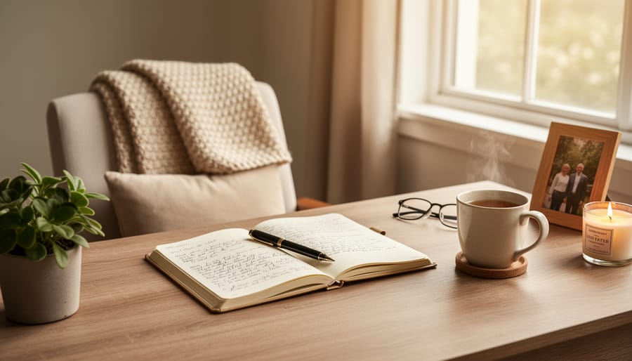 Flat-lay of journal, tea cup, and plants arranged on white wooden surface