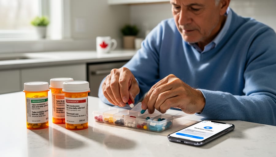 Woman organizing prescription medications in weekly pill organizer on kitchen counter