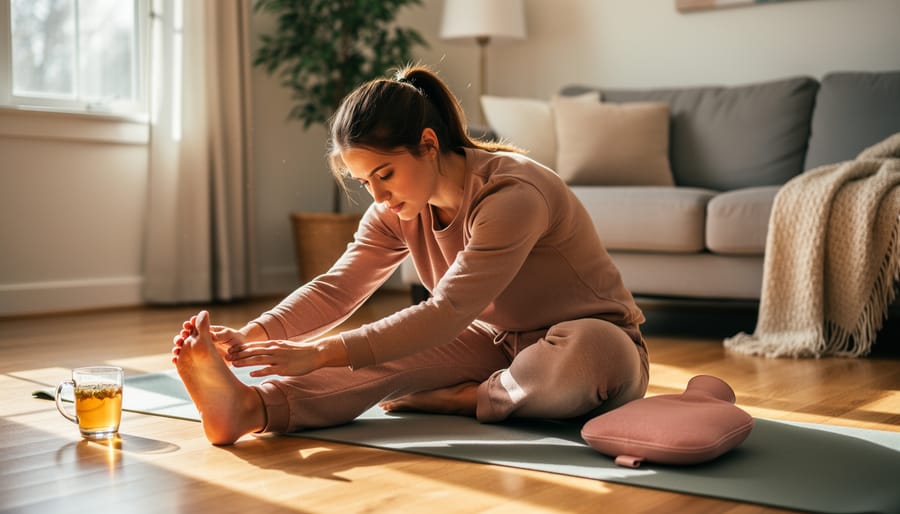 Woman performing gentle yoga pose on mat in peaceful studio setting