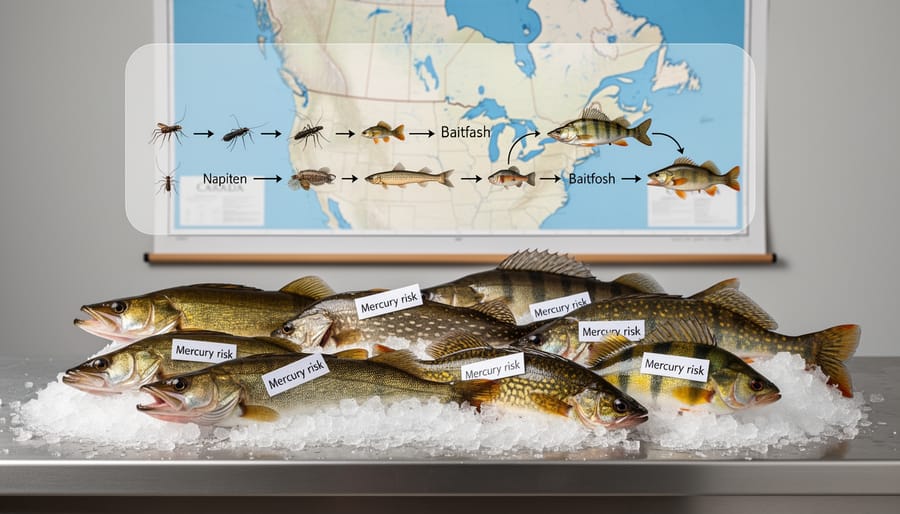 Fresh fish fillets and whole trout displayed for food safety measurement