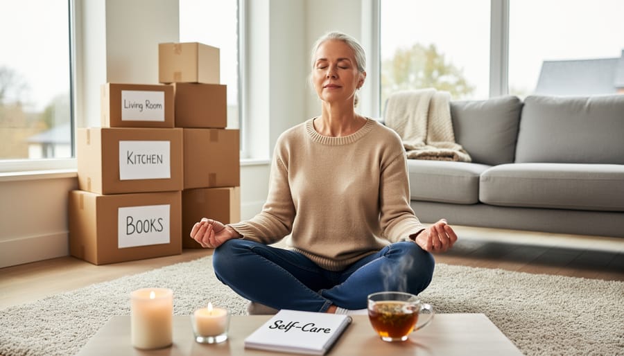 Person sitting peacefully on floor in empty room with moving boxes in background