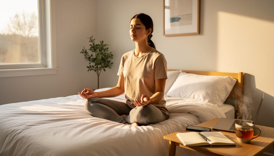 Person holding warm tea mug during peaceful morning routine