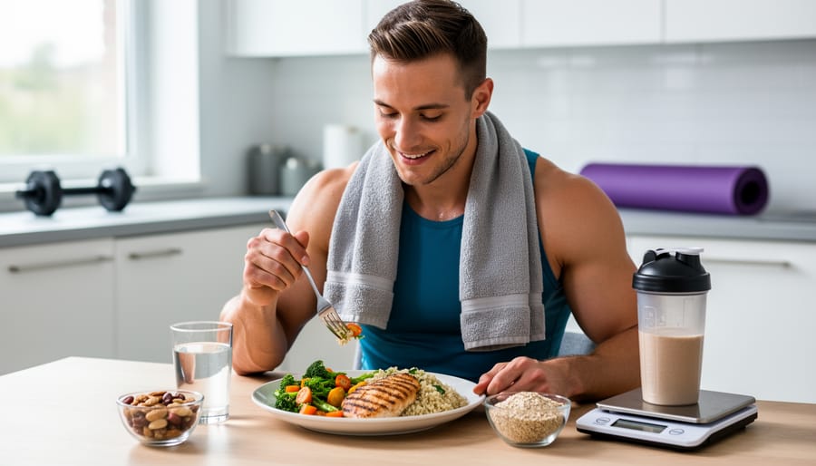 Overhead view of balanced high-protein meal with chicken, quinoa, and vegetables on wooden table