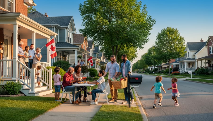 Diverse group of neighbours talking together on residential street with children playing nearby
