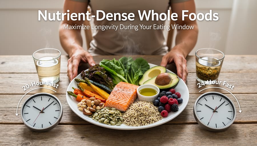 Arrangement of healthy whole foods including salmon, vegetables, berries and nuts on wooden board