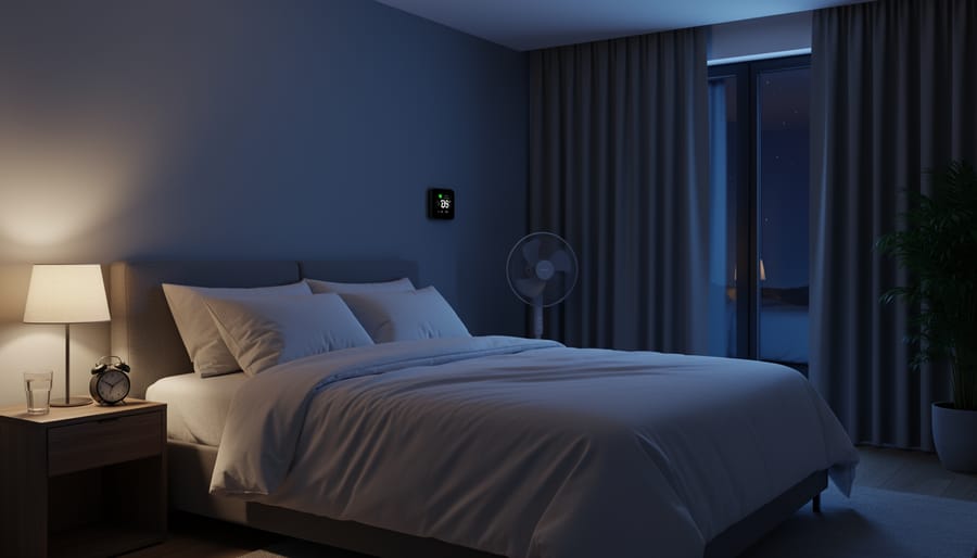 Well-organized bedroom designed for optimal sleep with blackout curtains and minimal decor