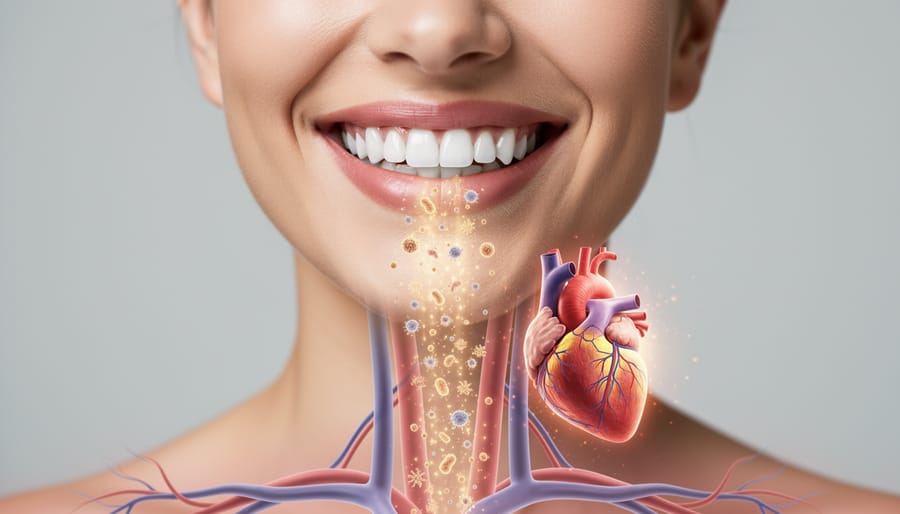 Healthy woman touching chest area representing connection between oral and heart health