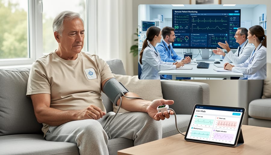 Senior woman using remote monitoring devices including smartwatch and pulse oximeter while relaxing at home