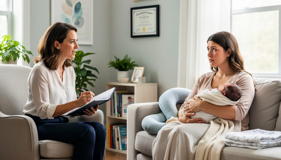 Therapist consulting with new mother holding baby in comfortable office setting