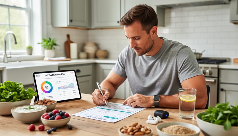 Hands writing in journal next to laptop and healthy breakfast showing personalized health planning