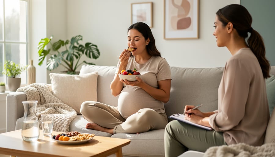 Pregnant woman practicing mindful eating meditation while holding bowl of fruit