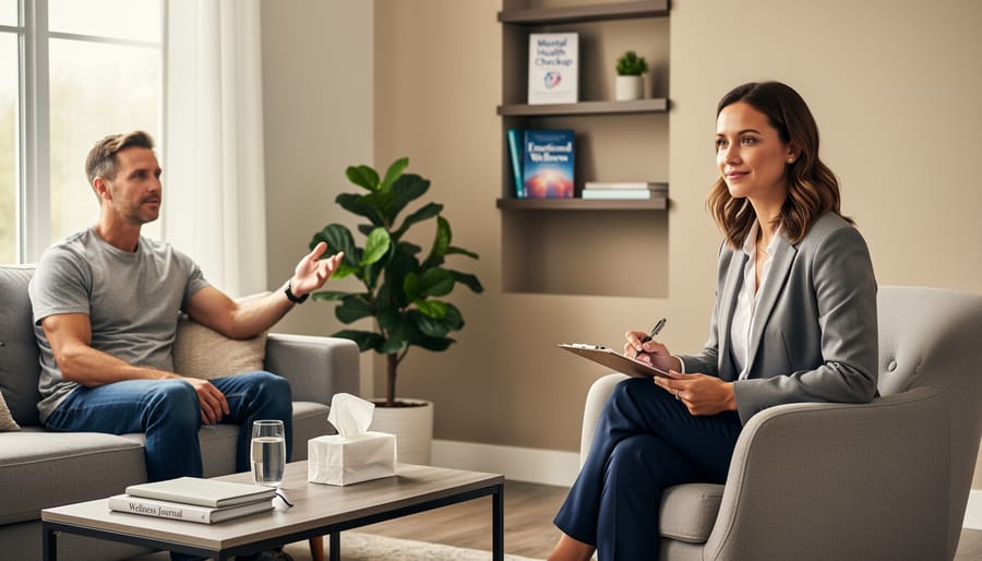 Person meeting with therapist in bright, welcoming counseling office
