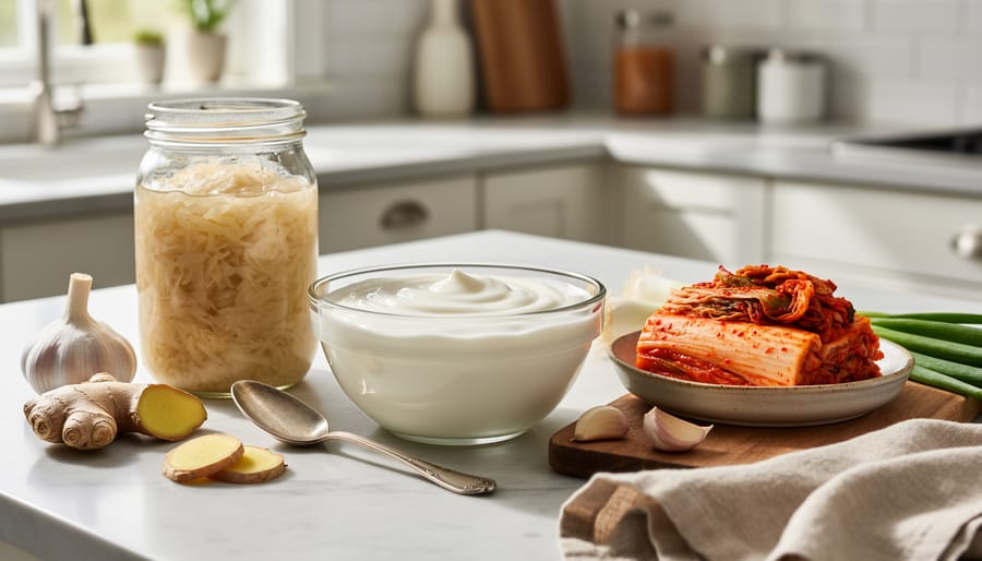 Assortment of probiotic fermented foods including yogurt, sauerkraut, and kimchi on wooden table
