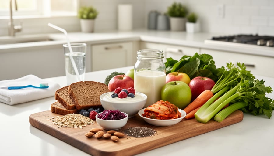 Overhead view of healthy probiotic foods including yogurt, vegetables, and whole grains on wooden board