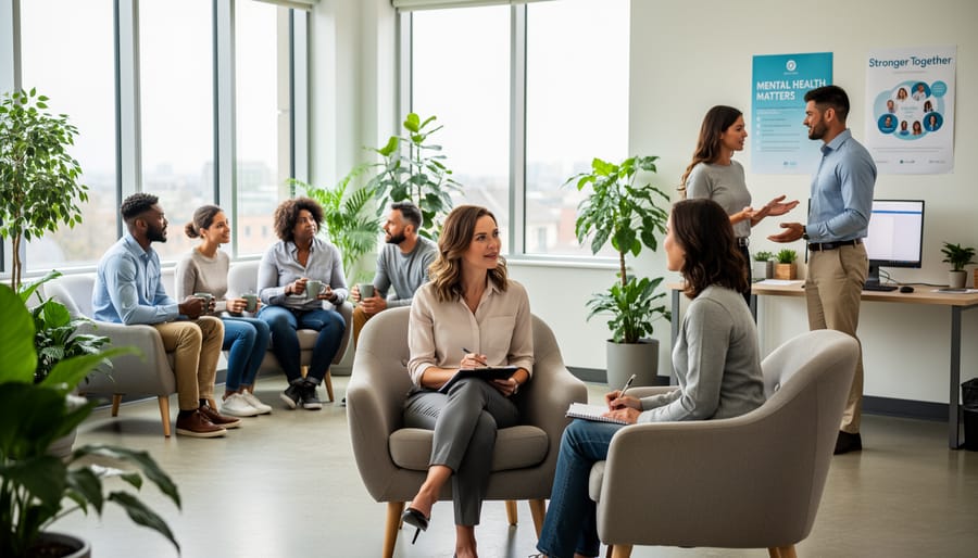 Two professionals having supportive conversation in modern office with natural lighting and plants