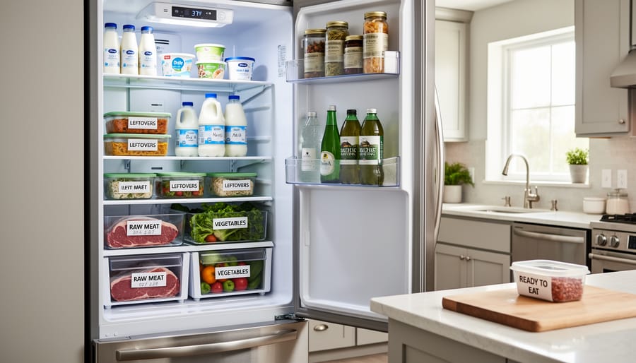 Well-organized refrigerator interior showing proper food storage practices for dairy, produce, and meat