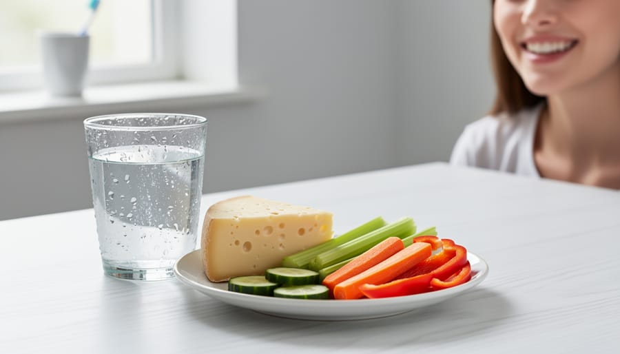 Cheese, apple slices, and water glass representing tooth-protective foods