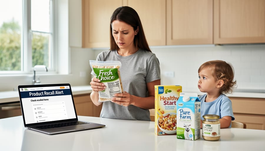 Overhead view of butter, celery, and sausage products on kitchen counter representing recalled food items