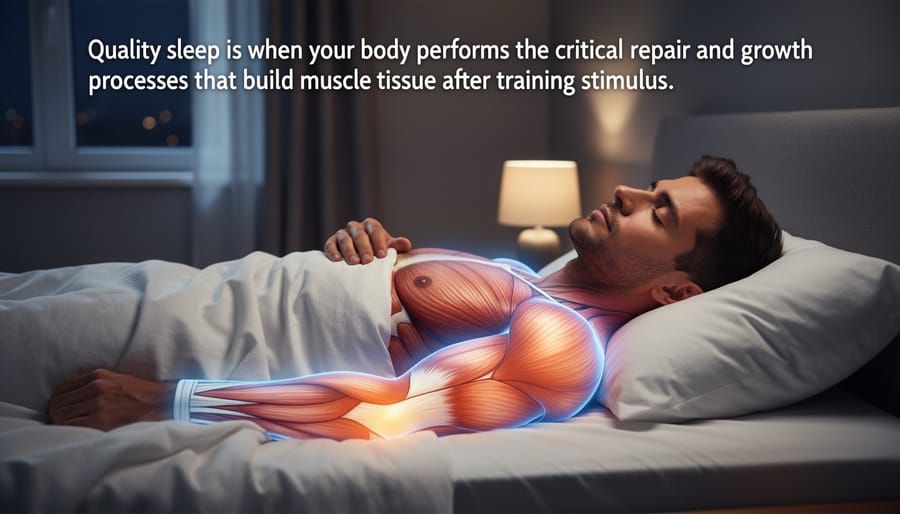 Person sleeping peacefully in darkened bedroom with soft ambient lighting