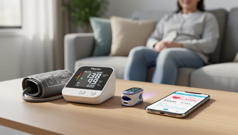 Remote patient monitoring devices including smartphone app, blood pressure cuff, and pulse oximeter arranged on table
