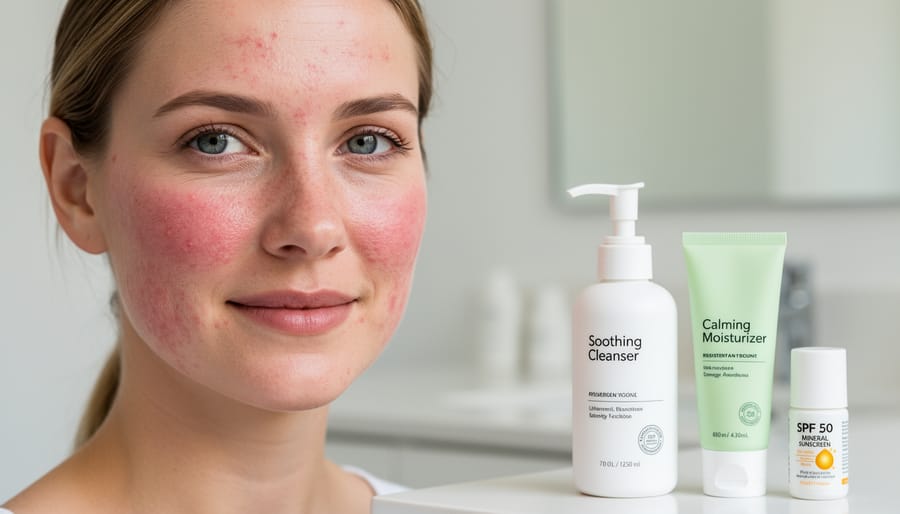 Close-up of facial skin showing characteristic rosacea redness and visible capillaries