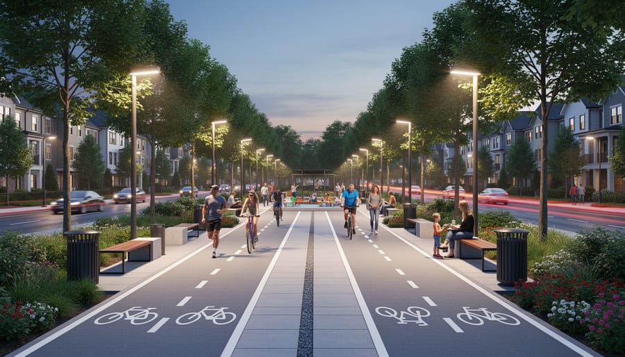 Well-lit urban park at dusk with paved paths, street lamps, and maintained green spaces
