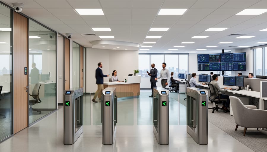 Modern office entrance with security features including access control and camera system