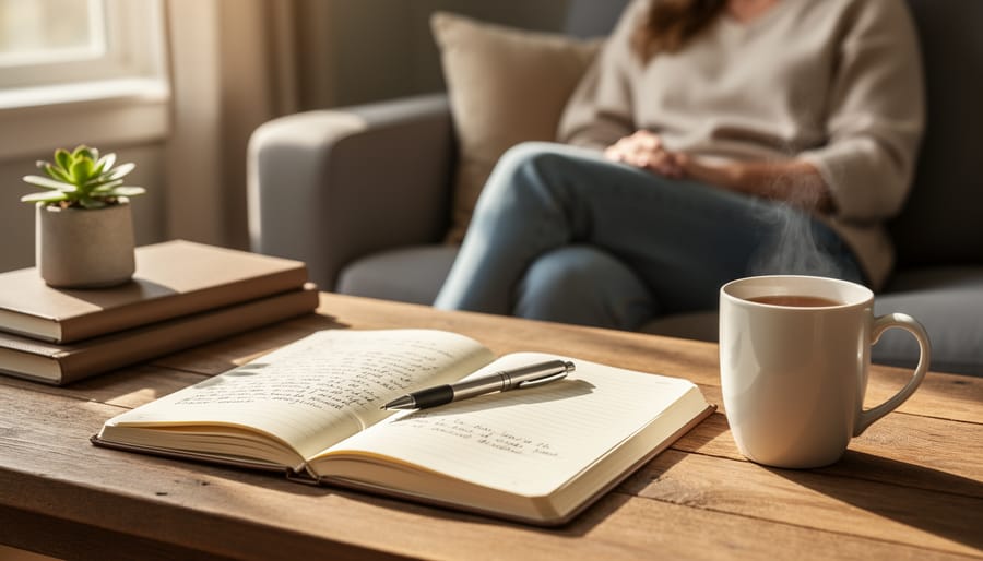 Person's hands writing in an open journal with pen on wooden table