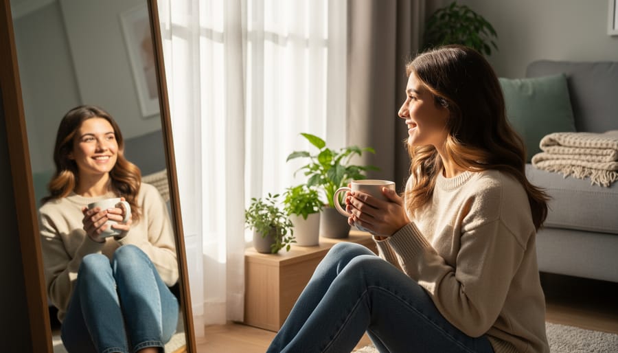Person sitting peacefully with journal held to chest in contemplative moment