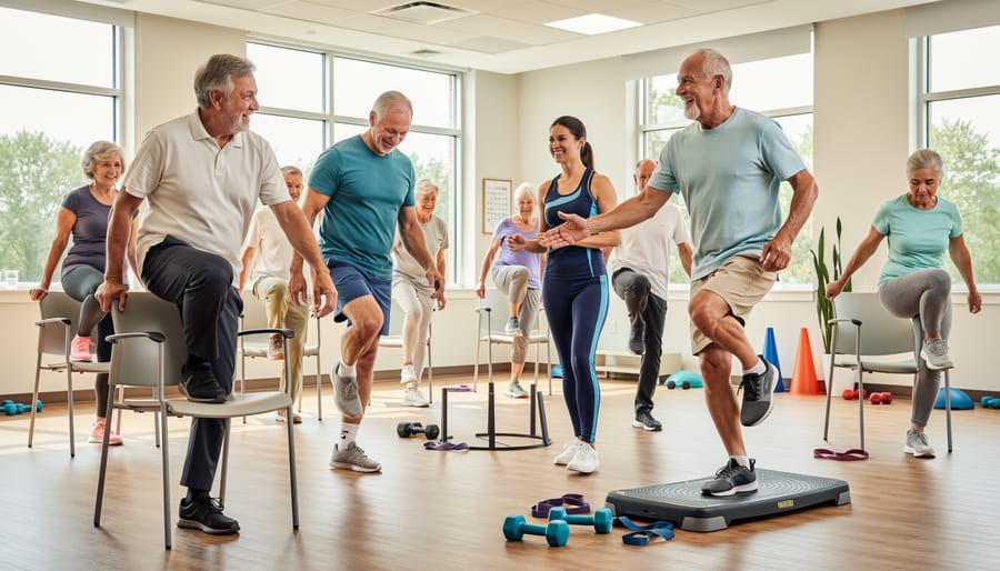 Elderly man practicing balance exercises with physiotherapist in rehabilitation setting