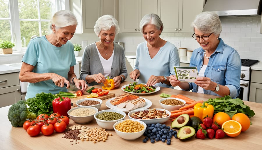 Overhead view of senior preparing healthy meal with fresh vegetables, fruits, and nutritious ingredients