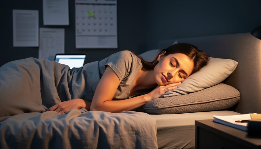 Person sleeping peacefully in naturally lit bedroom with soft white bedding